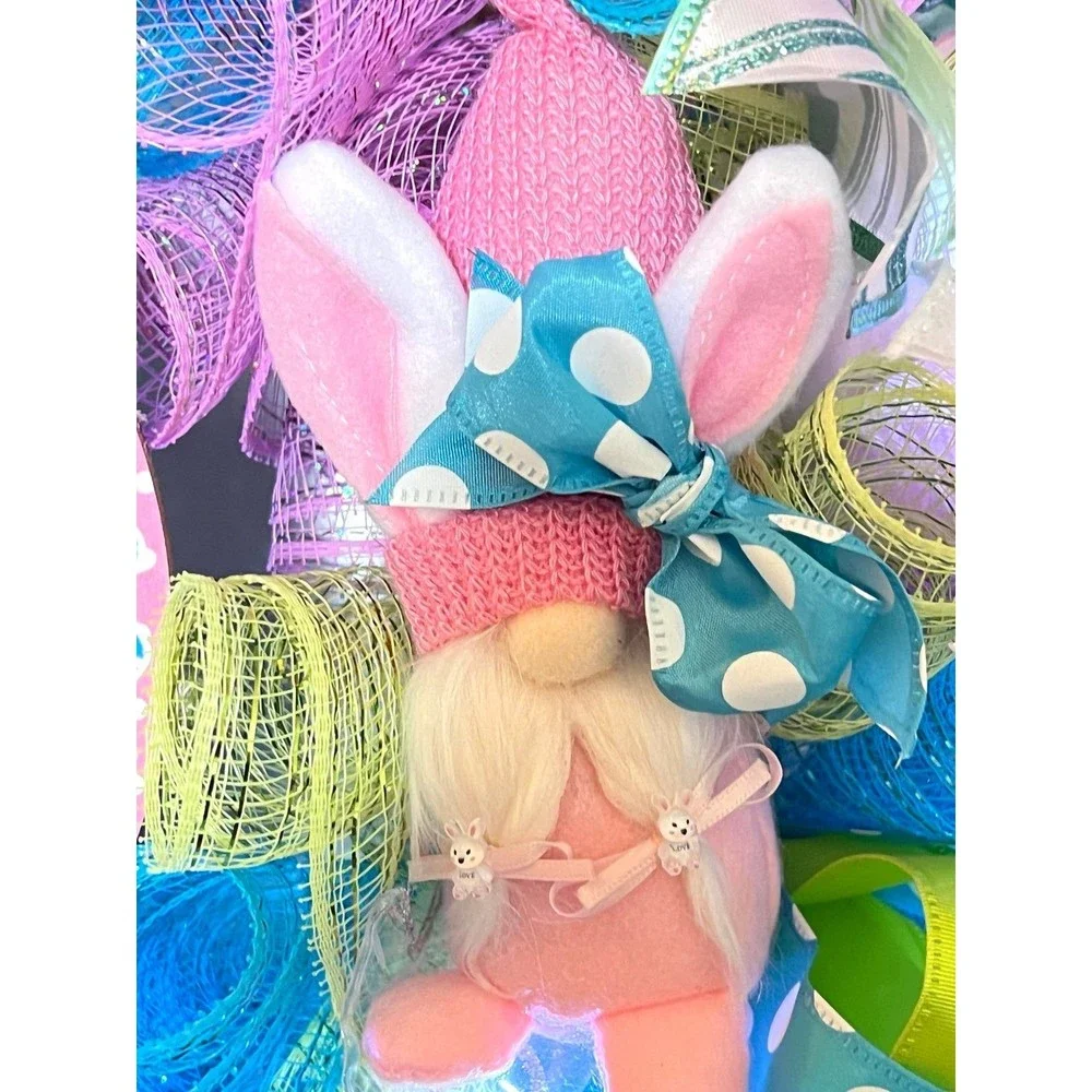 Handmade Easter Girl Bunny Gnome Prelit Ribbon Wreath 22 in LED W8